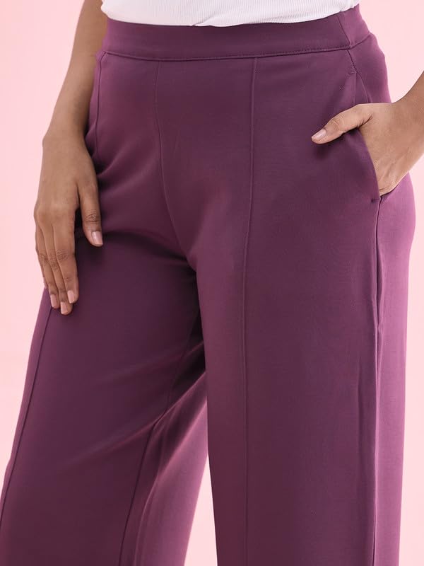 Image of GO COLORS Stretch Rayon Blend Ponte Wide Pants Full Length for Women| Breathable, High Rise
