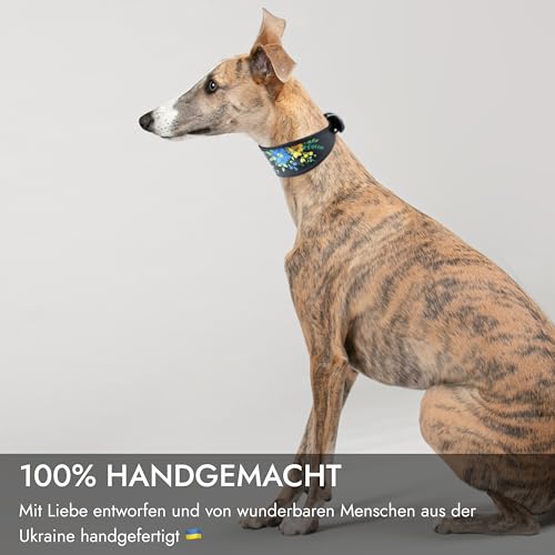 FAVPET Handbemalter Echtleder Windhund Halsband Breit mit QR Code Anhänger, Weiches Lederhalsband Hund Whippet Italienisches Windspiel Saluki Lurcher Spanischer Galgo Podenco (Blaue Mohnblumen, M)