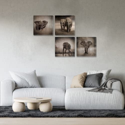 Elephant Wall Art Animals Canvas Painting African Elephant Décor 4 Pieces Framed Abstract Vintage Animal Print Pictures Contemporary Artwork For Home Living Room Bedroom Décor 12”X12” #TOP4