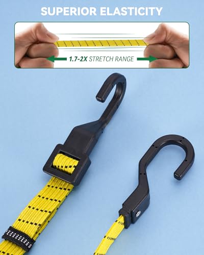 Image of 12 inch Flat Adjustable Bungee Cords with Hooks, 3X Faster to Adjust the Length | LUCKY STRAPS 6 Pack Black /Yellow Heavy Duty Bungee Straps for Cargo, Bike, Cart, Tent, Truck, Camping, Outdoor