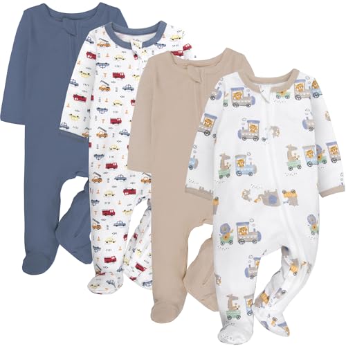 Image of Baby Essentials Boys 4-Pack Footies – Long Sleeve Zip-Up Sleep and Play Newborn Outfits, Patterned & Solid