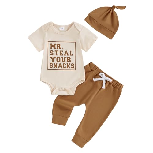 Image of Frietlebird Newborn Baby Boy Clothes Short Sleeve Letter Print Romper and Elastic Waist Pants with Hat Coming Home Outfit