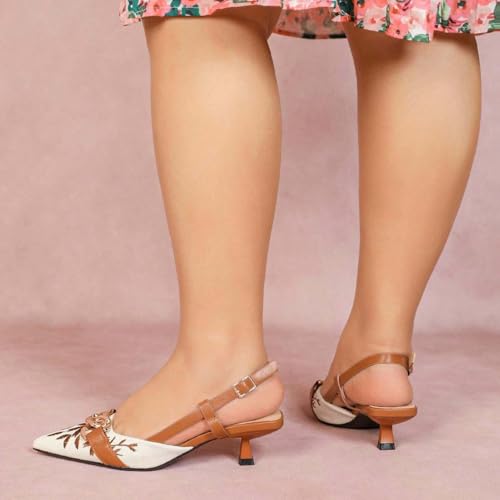 Kitten Heels for Women, Slingback Closed Pointed Toe, Wide Dressy Work Low Heel Pumps with Buckle Floral Embroidered4