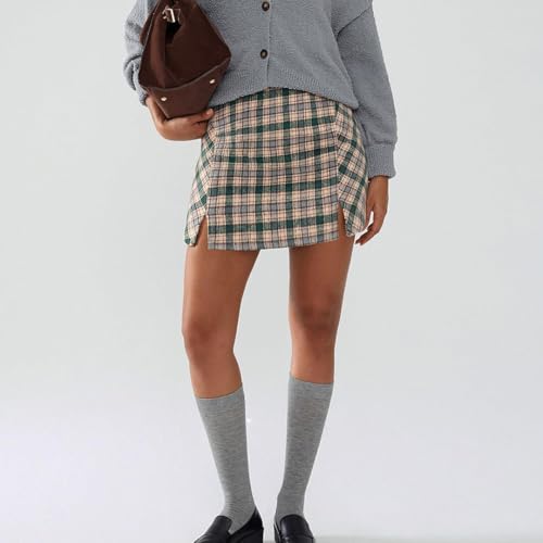 Women's Plaid Skirt Faux Wool High Waist Side Slit Bodycon Tweed Skirt Fall Winter Outfits4