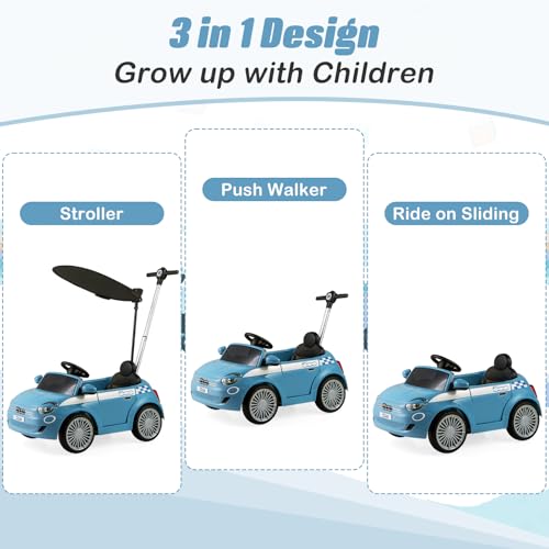 Image of OLAKIDS Push Car for Toddlers, 3 in 1 Licensed Fiat 500e Baby Sliding Walking with Parent Control Handle Adjustable Canopy Footrest, Kids Ride on Toys with Horn for Boys Girls (Blue)