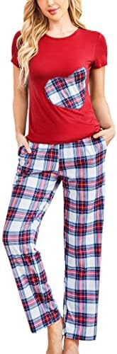 Hotouch Women's Pajama Set Short Sleeve Summer Pj Lounge Set Soft Plaid Loungewear(Red Plaid, Large)