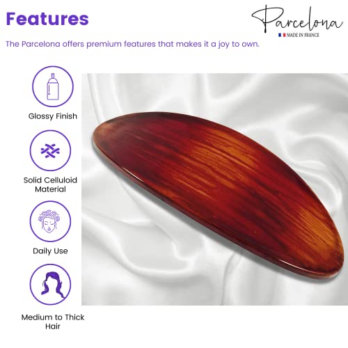 Parcelona French Oval Celluloid Wooden Look Brown Large 4" Automatic Hair Clip Hair Barrette For Women And Girls, Made In France #TOP1