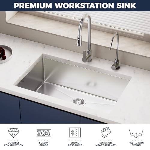 Image of 30 Inch Undermount Kitchen Sink - 30x19x9 Kitchen Sinks with Brushed, 18 Gauge 304 Stainless Steel Includes Drain Strainer, Deep Single Bowl Handmade Basin