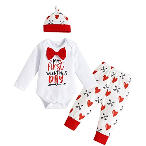 Baby Jungen Mein erster Valentinstag Strampler Outfit Langarm Fliege Gentleman Bodysuit Overall Hose Hut Kleidung Set, rot, 86 Cover