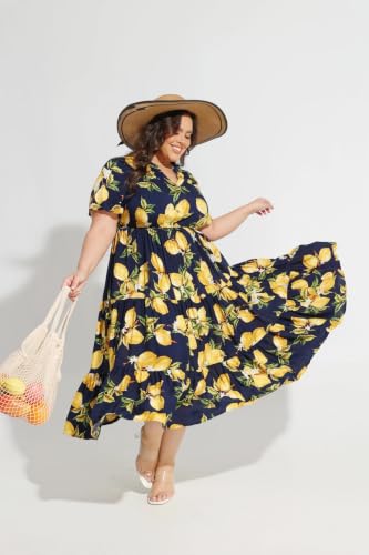 Image of TIYOMI Women Plus Size Dress Boho V Neck Short Sleeve Beach Maxi Dresses Floral /Stripe /Leaves /Lemon XL-5XL