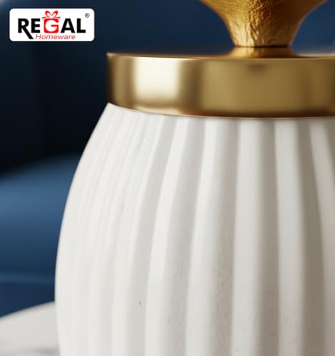 Image of Premium Metal Decorative Jar with Golden Brass Knob | Elegant Tabletop Storage Jar for Kitchen & Home Decor | 4 Inch Wide | Luxury Modern Design (White & Gold)