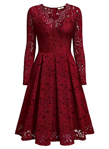MISSMAY Women's Vintage Floral Lace V-Neck Cocktail Formal Swing Dress, Large, Red