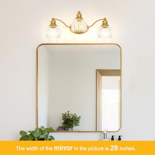 Image of Brushed Gold Bathroom Vanity Light Fixture Vintage Style - 3 Light E26 Bulb, 21.7 inch Wide Bathroom Lighting Over Mirror with Clear Glass Shades, Easy Mount Antique Brass Wall Sconce for Makeup Area