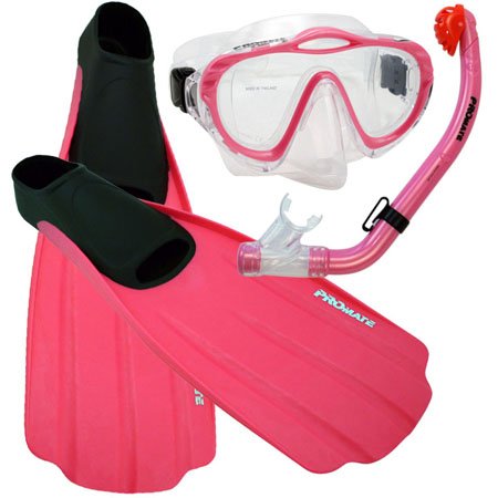 Junior Snorkeling Scuba Diving Purge Mask Dry Snorkel Full Foot Fins Set for Kids, Pink, XXS (Shoe: 1-3)