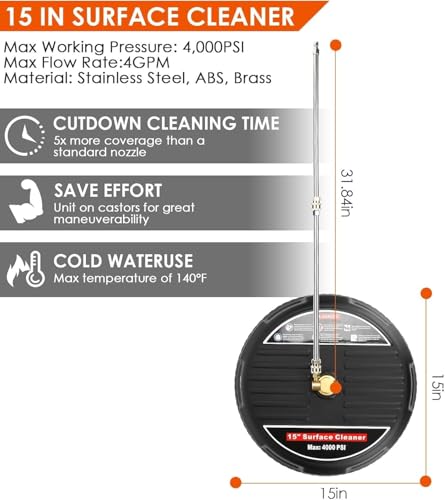 Surface Cleaner for Pressure Washer, Driveway Power Washer Attachment with 2 Extension Wands and 2 Replacement Nozzles, 4000 PSI, Black (15 inch) - Image 6