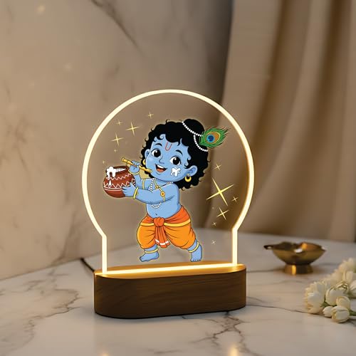 Image of Giftplease Bal Krishna LED Night Light - Warm Glow Makhan Chor Decorative Table Lamp for Pooja Room, Kids Bedroom & Office - Divine Devotional Gift for Janmashtami & Housewarming GL 07