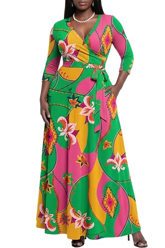 Image of AOMONI Women's Maxi Dresses Summer Casual Wrap Tie Waist Long Dress | Floral Print Dress With Belt,V-Neck 3 /4 Sleeve Empire Waist Wrap Dresses