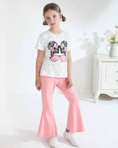 Image of CARETOO Girls Summer Outfit Poster Girl Matching Sister 2pcs Sets Printed t-Shirt + Flare Leg Pants For 3-10 Years