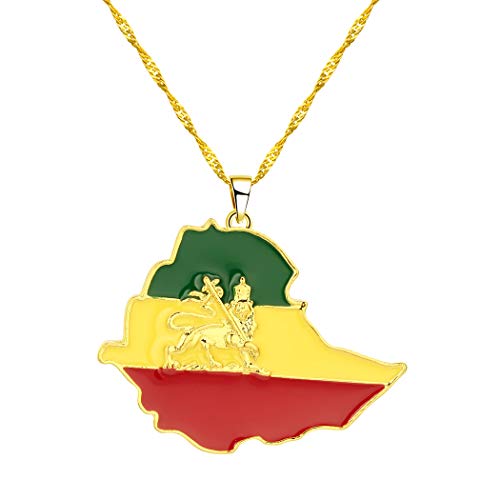 Preisvergleich Produktbild Chandler Äthiopische Flagge und Löwenkarte Anhänger Halsketten für Damen und Herren, Goldfarben, Schmuck, Afrika, Äthiopien, Löwe, Halskette, Karten