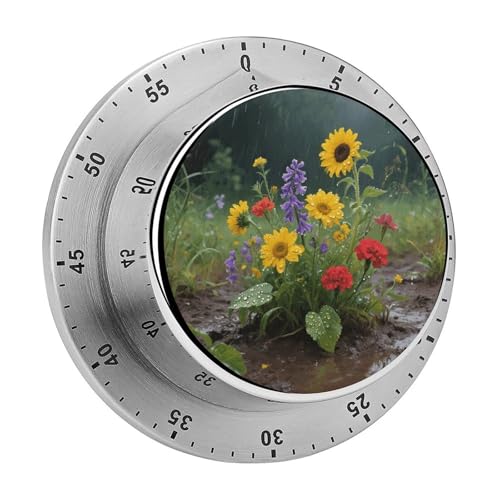 Heavy Duty Mechanical Kitchen Timer Wildflowers Floral 60 Minute Wind Up Timer with Magnetic Base, Loud Alarm, Stainless Steel Design for Cooking, Office, Gym & Home (3.1 Inch)