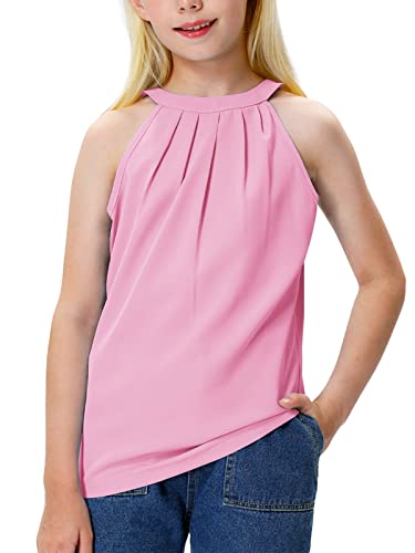 Halter Sleeveless Top Girl Summer Pleated Tank Tops Chiffon Blouse Solid Pink Cami Shirts 9-10 Years #TOP29