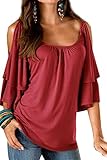  Landove T-shirt, blouse, à épaulées dénudées, avec volants, à col rond pour femme, décontracté, manches courtes, couleur unie, rouge, XX-Large
