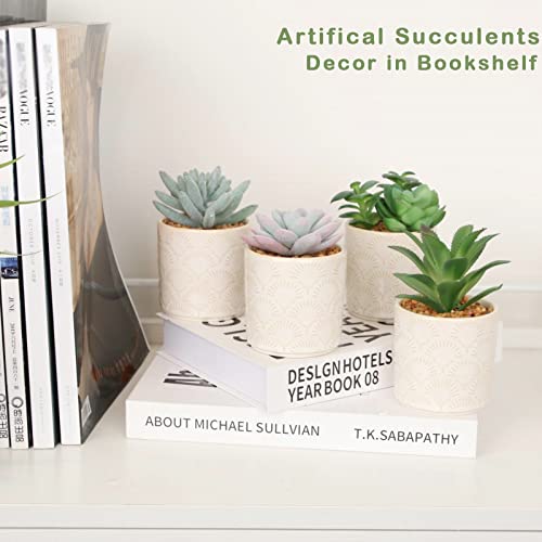 Nisoger Artificial Succulent Plants In White Ceramic Pots For Desk, Office, Living Room, And Home Decoration Fake Succulents Plant For Shelf Deco- Faux Plant Included (Set Of 4 ) #TOP5