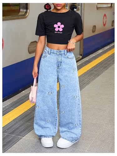 Girl's Bow Embroidered Baggy Jeans Y2k High Waisted Wide Leg Denim Pants Streetwear4