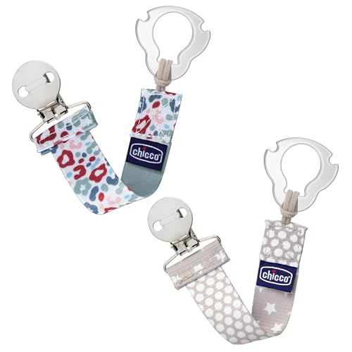 Image of Chicco Two-in-One Pacifier Clip with Loop & Ring Attachment, Loop for Teethers and Small Toys, Ring Included for Knob-Style Pacifiers, Secure Clasp is Gentle on Clothing, One-Piece Design, Multicolor