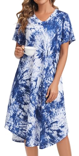 Image of Kabento Nightgowns for Women Cotton Short Sleeve Long Night Gowns with Pockets