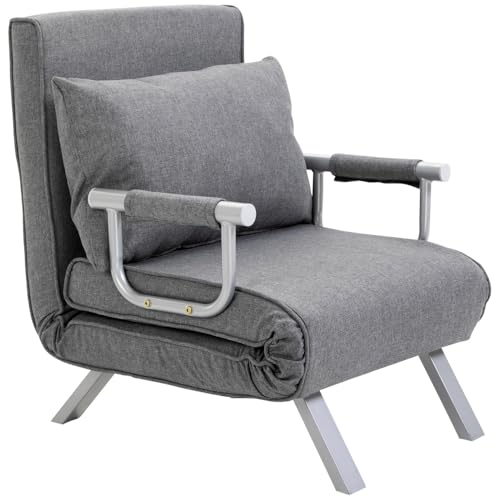HOMCOM Single Person Folding 5 Position Convertible Sofa Bed Sleeper Chair Chaise Lounge Couch w/Pillow & Steel Frame for Home Office, Light Grey