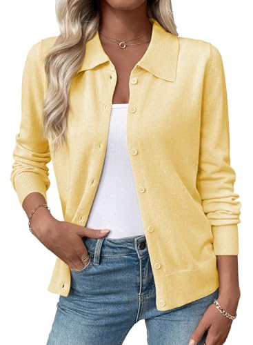 EVALESS Cardigan Sweaters for Women Lightweight Trendy Long Sleeve Lapel Collar Button Down Sweaters Fashion Clothing Soft Wool Blend Knit Cardigans Sweater Tops Yellow Medium