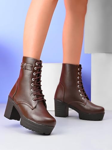 Image of XE Looks 100% Vegan Leather Women's Lace-Up Chunky Heel Ankle Boots with Buckle Detail | Trendy, Lightweight, Stylish, Comfortable and Soft, Trendy Heel Boots for Girls & Women