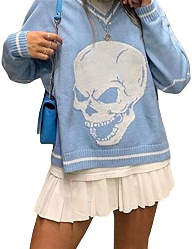 Women Casual Long Sleeve Knitted Sweaters Streetwear Oversized Chunky Pullover Argyle Plaid Knit Jumper Tops (D Blue Skull, M)