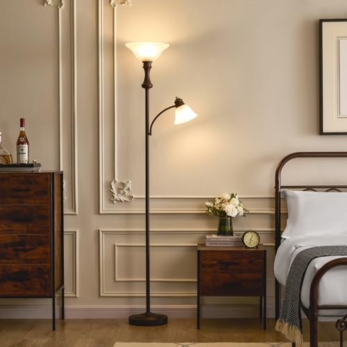 Image of Torchiere Floor Lamp, Adjustable Angle Reading Lamp-Red Brown 71IN | Standing Lamp for Bedroom with Glass Shade, Tall Floor Lamp for Living Room Decor, Office, Corner, Knob Switch, Bulb Included