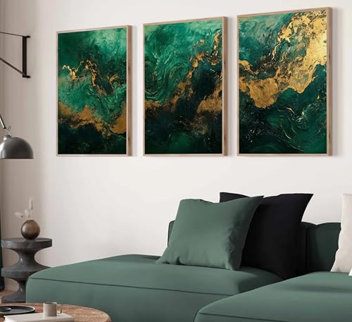 3pcs Emerald Green and Gold Canvas Wall Art Modern Abstract Gorgeous Fluid Marble Paintings Pictures Living Room Wall Decor Posters Print Artwork for Bedroom Bathroom Office Unframed (24L x16W-Poster) — view 3