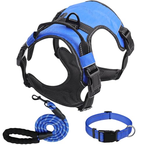 KUEIOX Dog Harness Set, No Pull Dog Vest Harness and 5ft Leash & Collar for Small Medium Sized Large Dog Cat,Adjustable Soft Nylon Padded Dog Vest Reflective Front Clip Vest with Easy Handle -Blue L