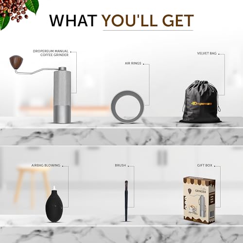 Dropereum 5 in 1 Manual Stainless Steel Coffee Grinder - Espresso Grinder, Manual Coffee Grinder, Coffee Grinder, Conical Coffee Burr Grinder with Double Bearing, Steel Body