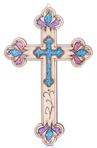 Zuluf Wooden Christian Cross with Simulated Gemstones Wall Plaque Decor for Him or Her | 14 Stations Orthodox Catholic Cross for Wall Decor | Made in Holy Land Bethlehem HLG018