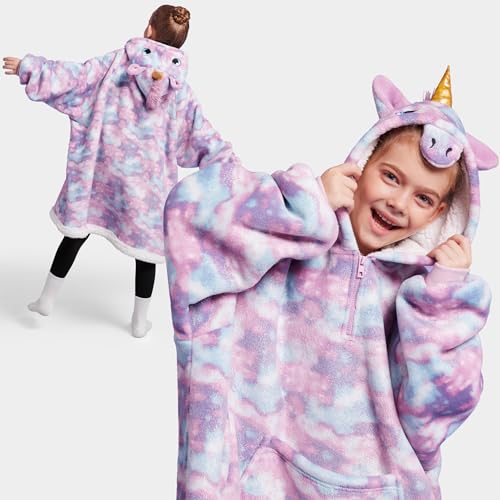 Image of Giggling Getup Wearable Blanket Hoodie for Girls and Boys Sherpa Fleece Hooded Blanket Sweatshirt Warm Cozy Sherpa Wearable Throw Oversized Hoodie with Giant Pocket & Sleeves for Kids Unicorn