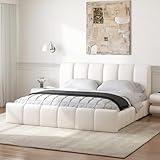 homary Leather King Bed Frame with Upholstered Headboard, Modern Faux Leather Bed Frame No Box Spring Needed, 82.3' W x 92.6' L, Mattress Size 76' W x 80' L, White King Size for Master Bedroom
