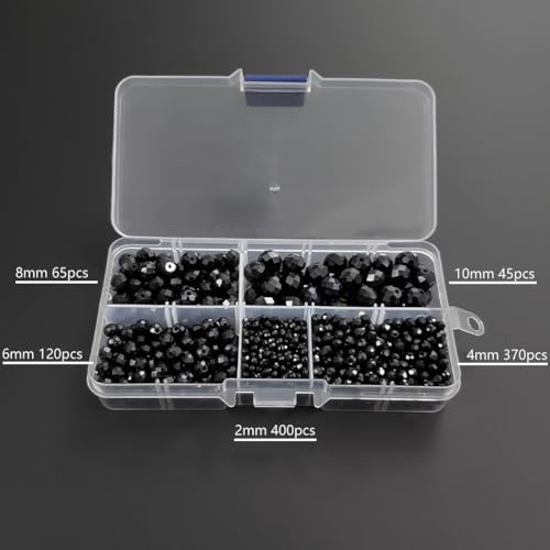 Image of Black Rondelle Glass Beads for Jewelry Making, Faceted Briolette Crytal Spacer Beads for Bracelet Necklace Earring (2mm 4mm 6mm 8mm 10mm Mixed Sizes, 1000pcs)