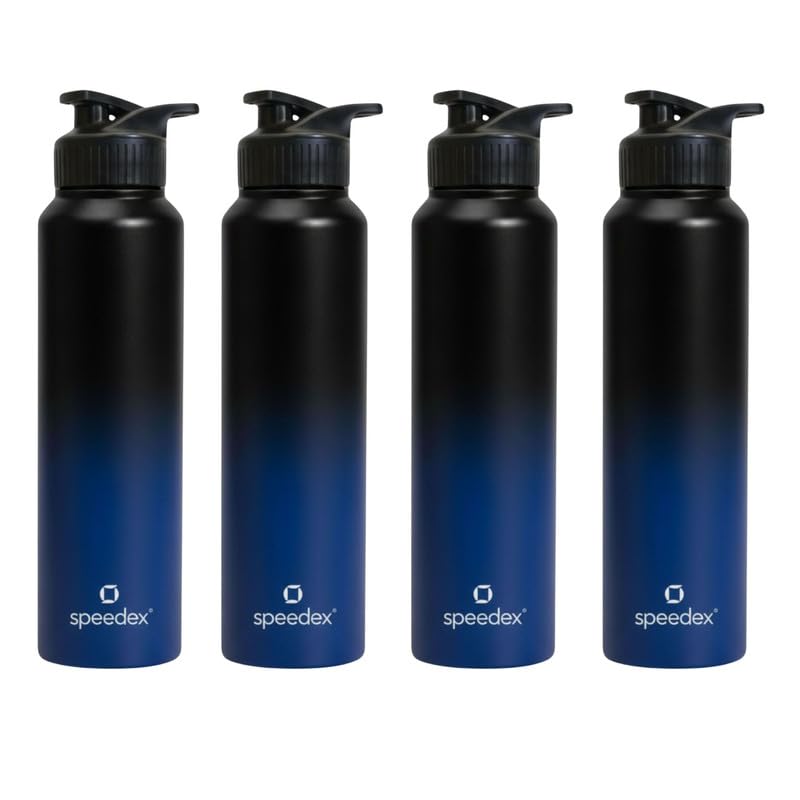 Image of Speedex Stainless Steel Metal Water Bottle 1 Ltr 1000 ml, BIS Approved, Leak Proof Sipper Cap Bottle for Office, School, Gym, Travel, Daily Use for Men, Women, Kids, Adults, Black Blue, Set of 4
