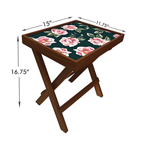 Image of Nutcase Designer Teak Wood Side Table Folding Wooden Bedside Coffee Outdoor Picnic Table - Pink and Black Floral