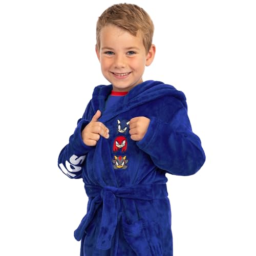 Sonic The Hedgehog Bademantel Jungen, Fleece Kinder Bademantel mit 3D-Ohren & Stacheln, Kapuzen Morgenmantel Kinder in Blau 116