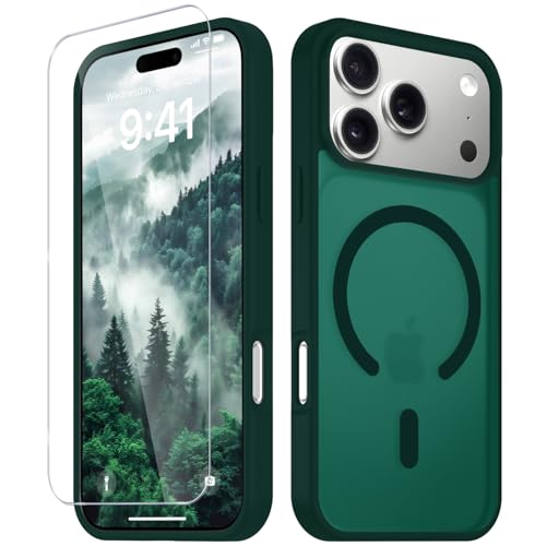 Image of YENAPOON for iPhone 17 Pro Max Case, Matte Magnetic Phone Cover [with 1 Screen Protector] [Support for MagSafe] [Shockproof Military Grade Protection] Translucent Frosted Back, Dark Green