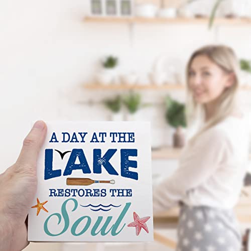 A Day At The Lake Restores The Soul Rustic Lake Wooden Plaque Sign Desk Decor,Retro Lake Cabin Home Wood Block Sign Desk Decorations For Primitive Country Lake Farmhouse Shelf Table Decor #TOP5