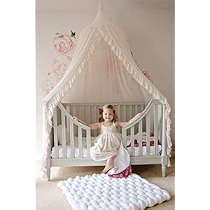 Wonder Space Elegant Kids Bed Canopy - Lace Chiffon Netting with Pom Pom, Princess Girls Fairy Dream Tent, Nursery Room Baby Crib Hanging Curtain Mosquito Net Children Reading Nook Decoration (Beige) Wonder Space Elegant Kids Bed Canopy Lace Chiffon Netting with Pom Pom Princess Girls Fairy Dream Tent Nursery Room Baby Crib Hanging Curtain Mosquito Net Children Reading Nook Decoration Beige