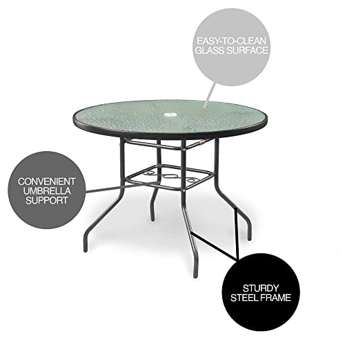 Garden Elements Outdoor Steel Dining Table Patio Furniture, Round Waterwave Glass Top, Charcoal, 40" #TOP3