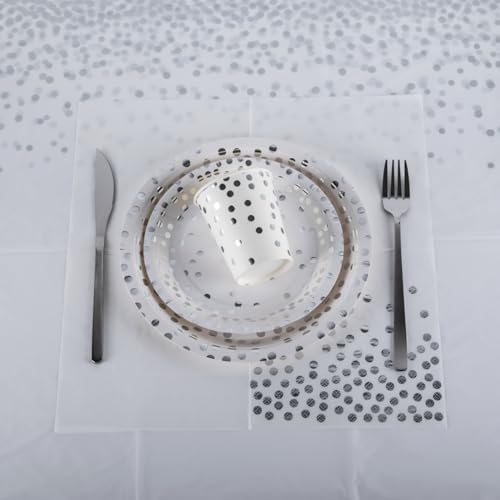 50 Pack 9 Inch (23cm) Paper Plates - White & Silver Polka Dot Design for Wedding, Anniversaries, Christmas and Events, Silver Party Decorations - Image 4